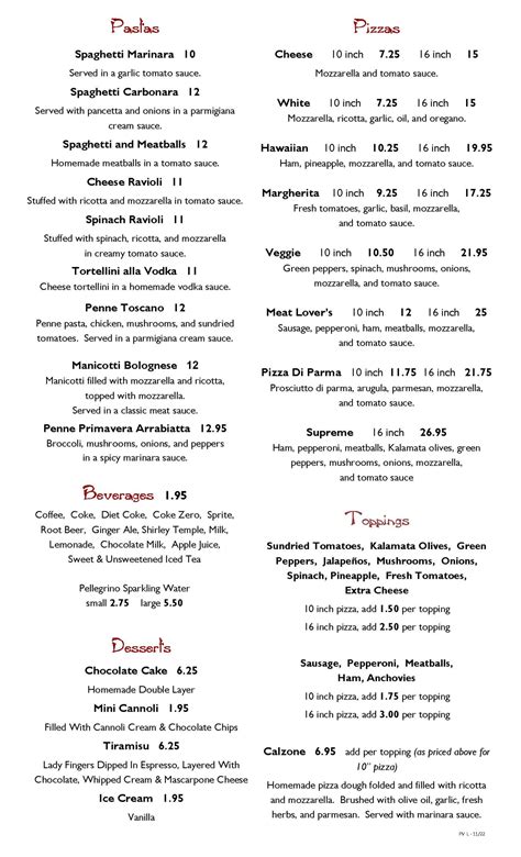 Pasta Vino Dinner Menu at Sam Cawthorn blog
