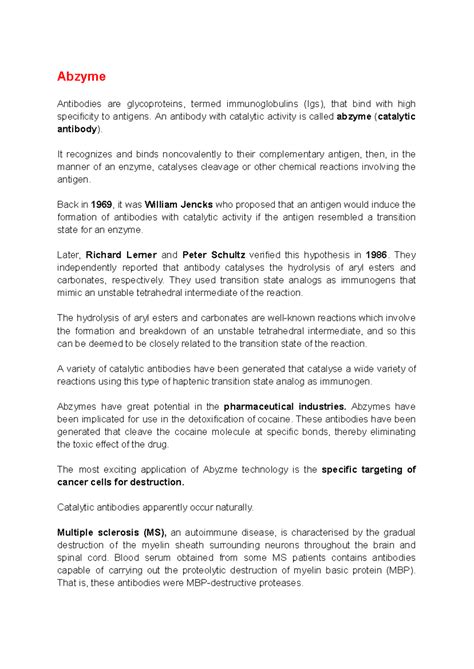 Abzyme Insights: Key Concepts and Applications in Biochemistry - Studocu