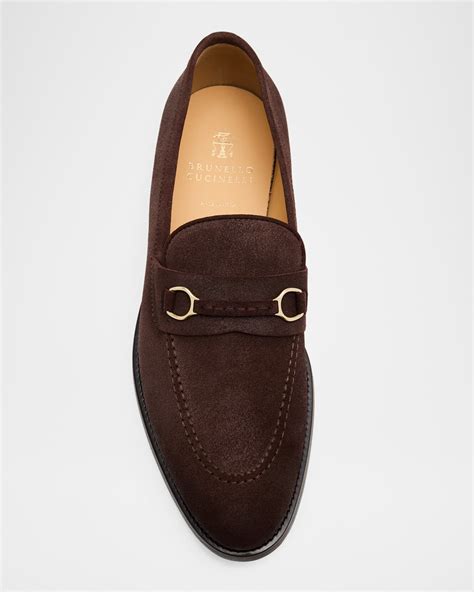 Brunello Cucinelli Men's Oiled Suede Bit Loafers | Neiman Marcus