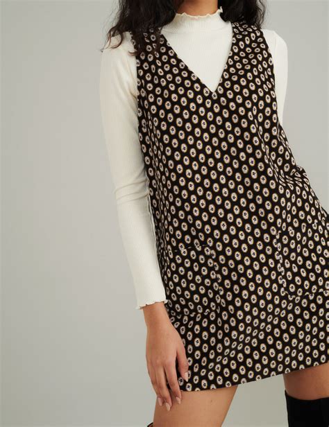 Black Cord Printed Piper Mini Pinafore Dress