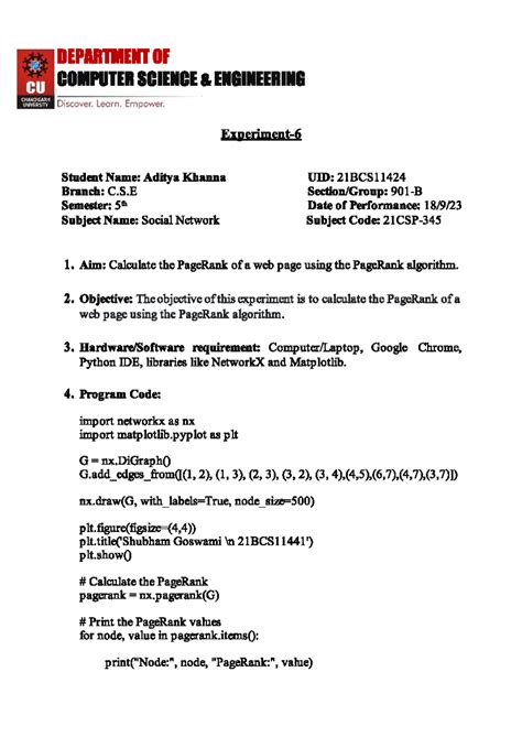 CSE 5th Sem Worksheet 6: PageRank Algorithm Calculation - Studocu