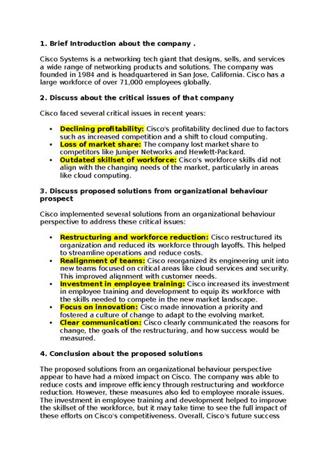 Cisco case study discussion points - 1. Brief Introduction about the ...