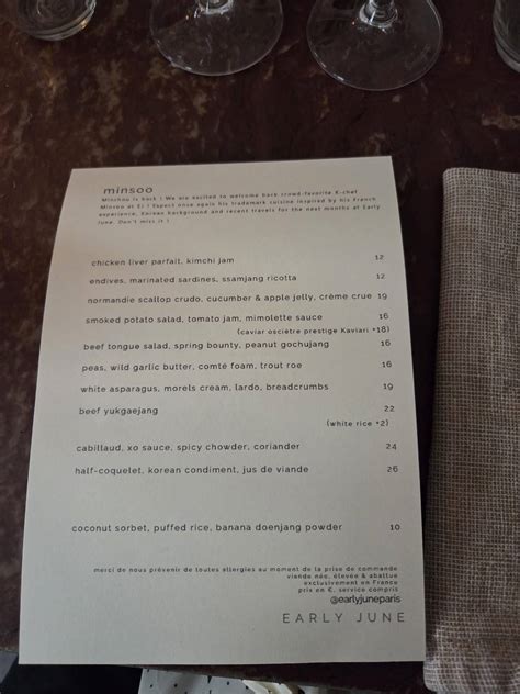 Menu au Early June pub et bar, Paris