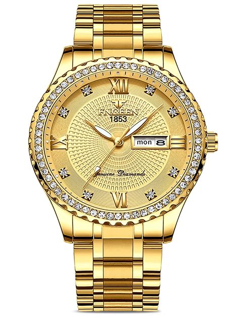 DISEN Classic Diamond Gold Watches for Men, Stainless Steel Waterproof ...