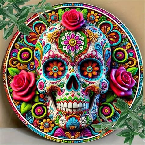 1pc Day Of The Dead Flat Print Metal Sign, 8x8 Inches, Foil Sugar Skull ...