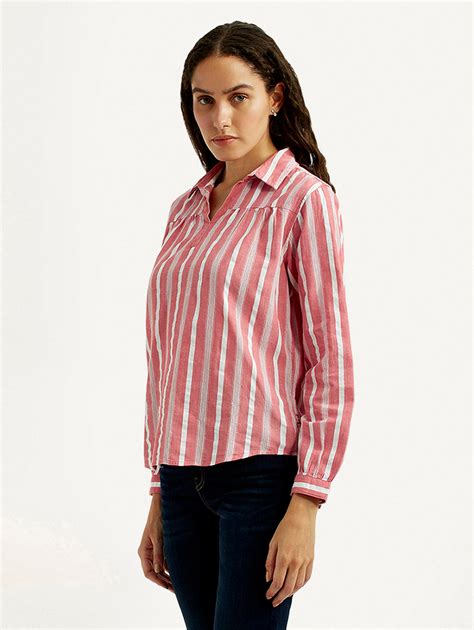Women's Striped Pink Spread Collar Top – Levis India Store