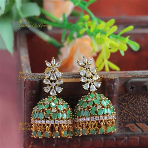 Ruby Floral Studded American Diamond Jhumkas – Sparkle and Glow