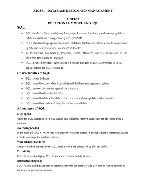 SQL - study well - UNIT-II RELATIONAL MODEL AND SQL SQL SQL stands for ...