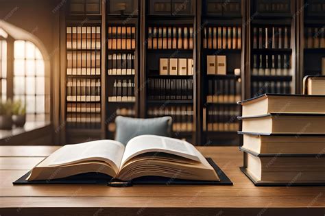 Premium Photo | A book on a table in a library with a stack of books on ...