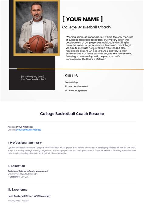 Free College Basketball Coach Resume Template to Edit Online