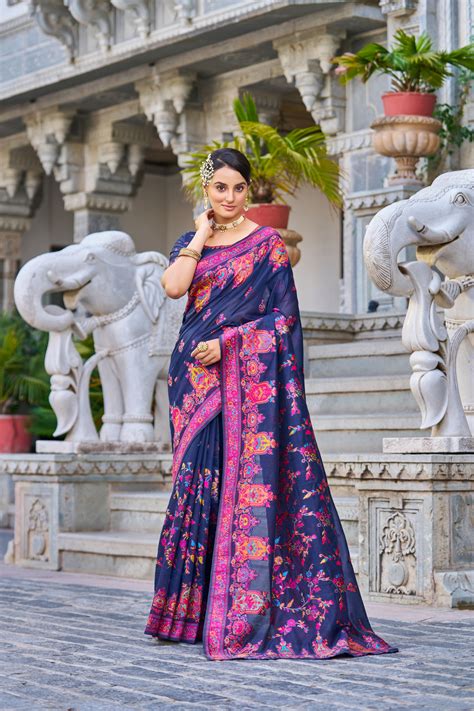 Buy Navy Blue Cotton Pashmina Silk Saree with Floral Design Online ...