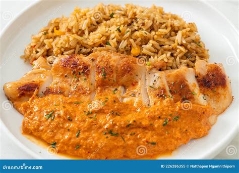 Bistec De Pollo a La Parrilla Con Salsa De Curry Rojo Y Arroz Imagen de ...