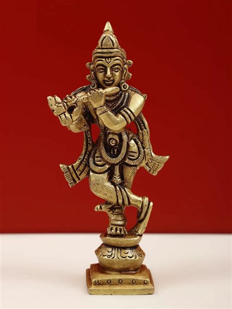 Brass Lord Shri Krishna Idol Playing Flute 4 inches – AONA INDIA
