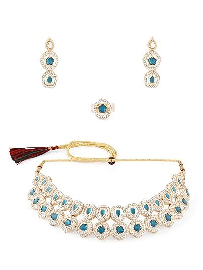 ZAVERI PEARLS Turquoise Blue Stones Dazzling Austrian Diamonds Choker ...