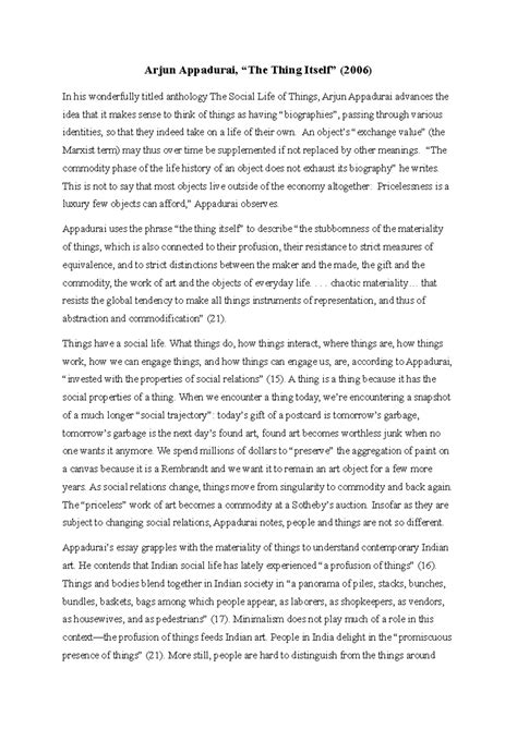 ENGL 301 - Essay Summary on Arjun Appadurai's "The Thing Itself" - Studocu