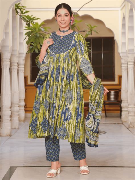 Buy Soft Cotton Geometric Gathered Blue Kurta Set TP9250T | Aramya