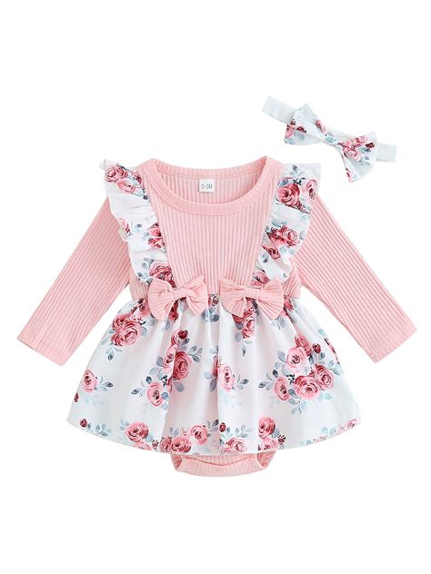 Biekopu Infant Girl Rompers Dress,Long Sleeve Rib Knit Floral Print ...