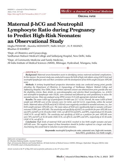 (PDF) Maternal β-hCG and Neutrophil Lymphocyte Ratio during Pregnancy ...