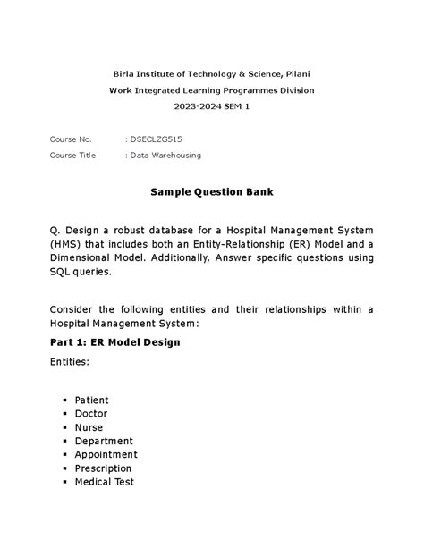 Question Bank on Data Warehousing (DSECLZG) for WIL Program 2023-24 ...