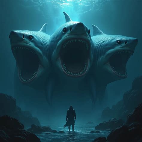 Big three-headed shark in the deep sea - SeaArt AI