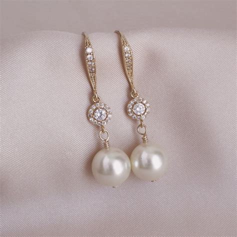 Gold Dangle Pearl Earring, Wedding Jewelry for Bride, Pearl Wedding ...