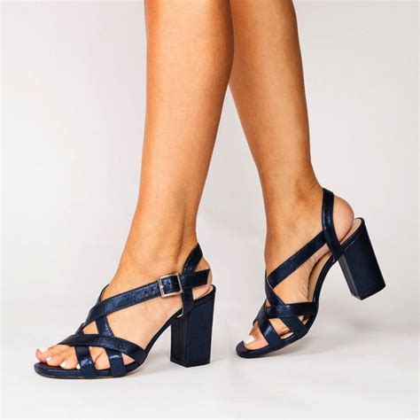 Paradox London Hilde Navy Shimmer Wide Fit Block Heel Sandals
