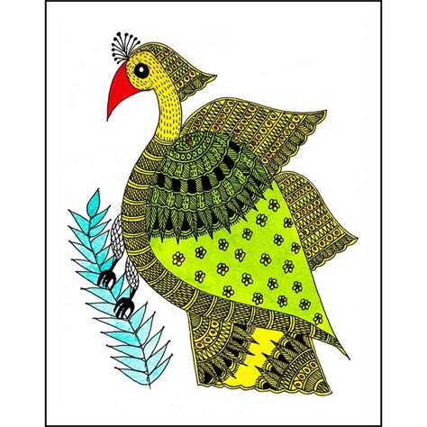 Green Bird - Madhubani Painting inner size 8x10 inch (outer Size with ...