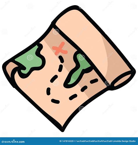 Cute Rolled Up Treasure Map Cartoon Vector Illustration Motif Set. Hand Drawn Isolated Pirate ...
