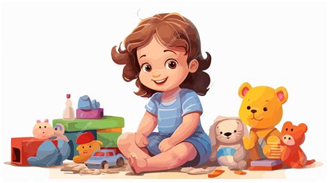 Feliz y linda niña jugando con juguetes Ilustración de dibujos animados ...