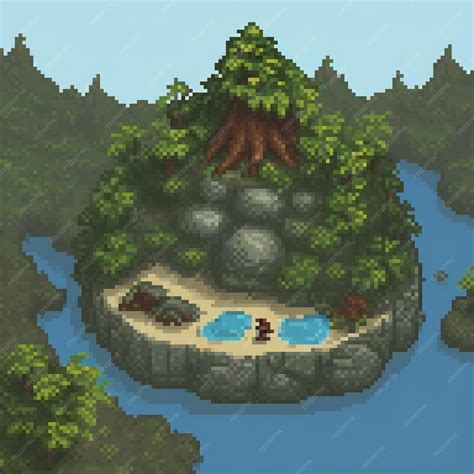 Pixel art que representa una isla serena en un río rodeado de árboles ...