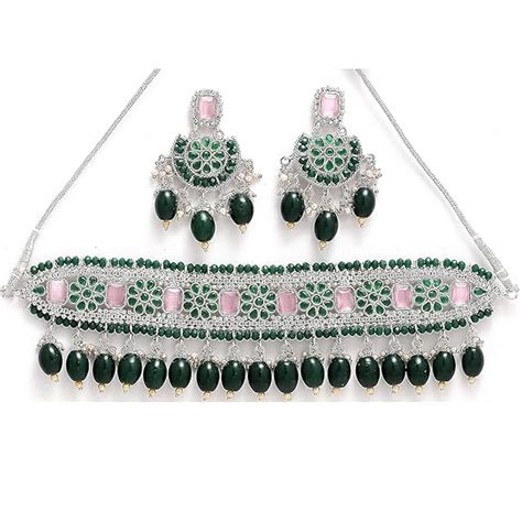 Buy ZENEME Fashion Jewellery Antique Oxidised Silver Plated Green ...