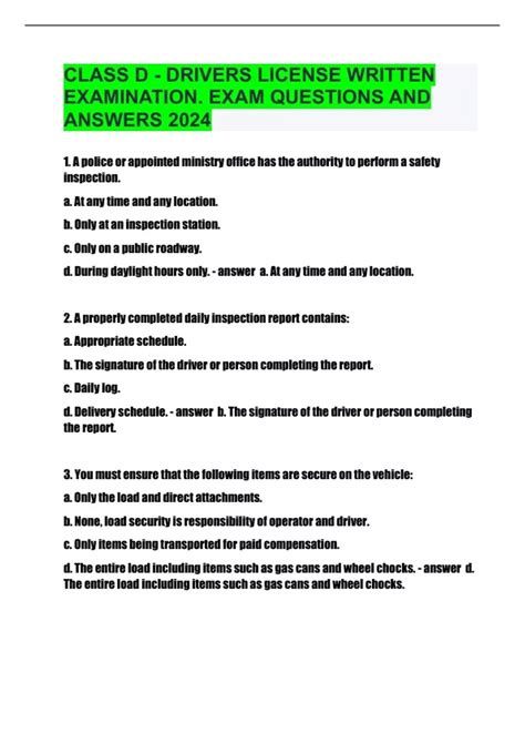CLASS D - DRIVERS LICENSE WRITTEN EXAMINATION. EXAM QUESTIONS AND ANSWERS - Class D Security ...