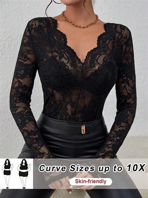 SHEIN CURVE+ Plus Size Floral Lace Scallop Trim Top Without Bra | SHEIN USA