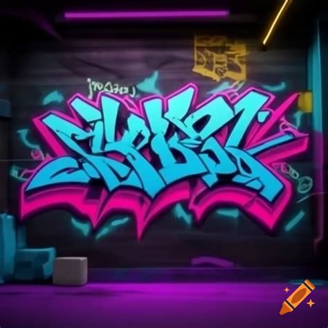 Graffiti wall in Japan with techno goth and vapor aesthetics, industrial air ducts and neon ...