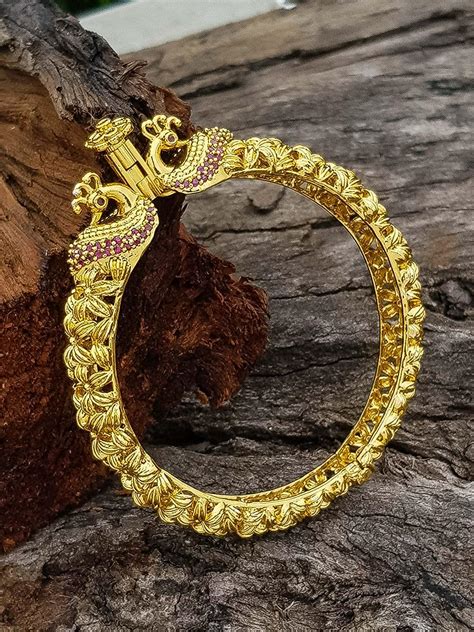 Gold plated Ruby Kada bangle with Peacock Motif – Griiham