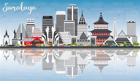 Surabaya skyline with gray buildings, blue sky and reflections. vector ...