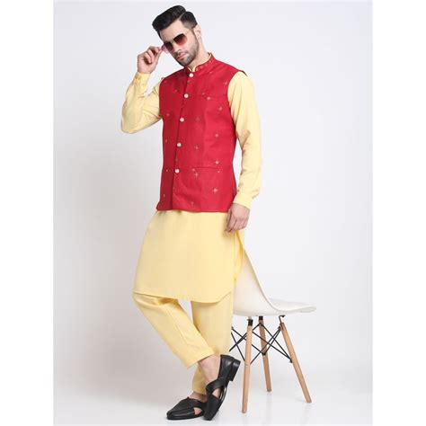 Buy Kraft India Men Cotton Yellow Pathani Kurta Salwar with Red ...