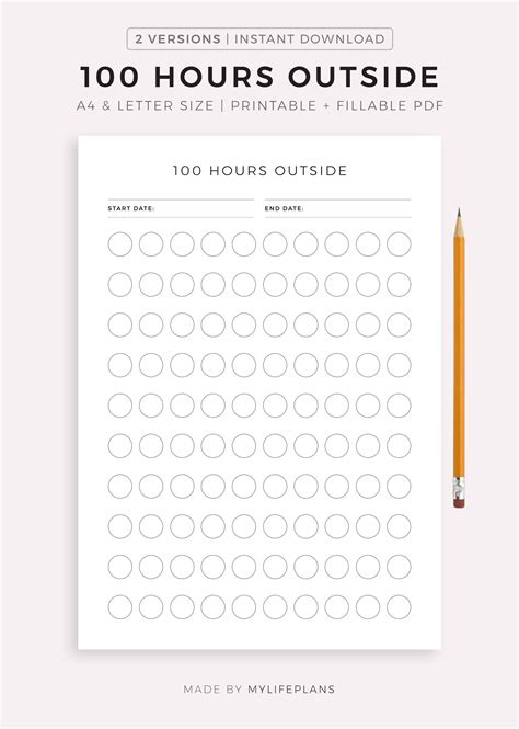 100 Hours Outside Tracker Printable, Track Your Time Outdoors, Activity Log