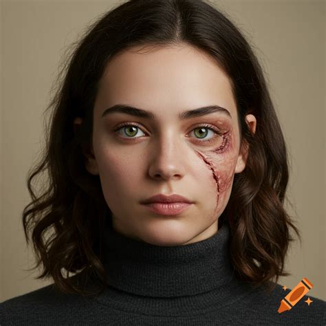 Portrait of a woman with green eyes and a realistic scar near her left eye. on Craiyon