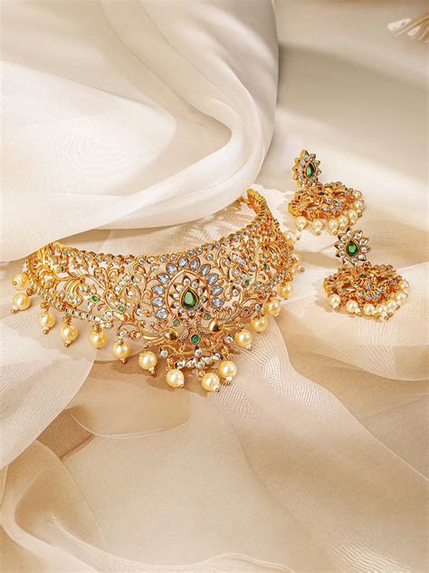 Rubans 22K Gold-Plated Handcrafted Emerald Green & White Polki Pearl B