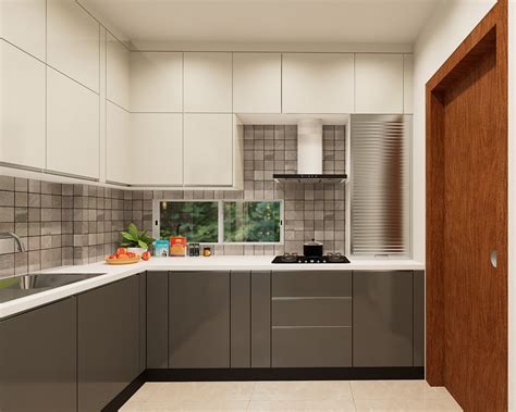 Modular Kitchen Design With Grey Dado Tiles - 12X12 Ft | Livspace