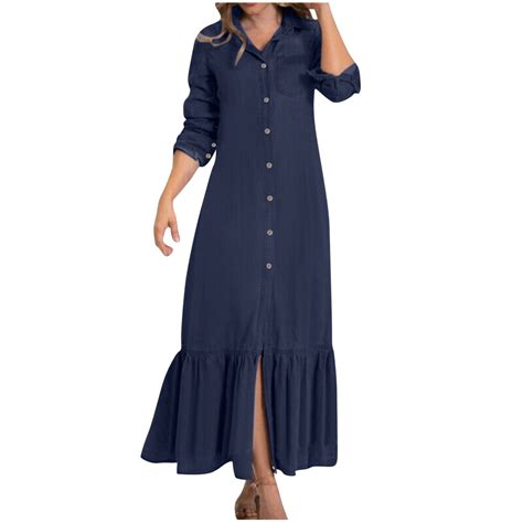 APEXFWDT Women Plus Size Denim Dresses Casual V Neck Pleated Hem Long ...