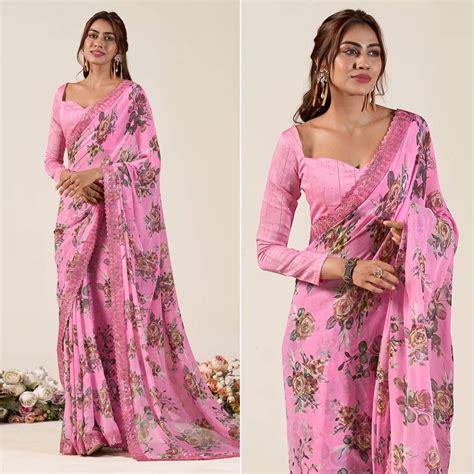 Pink Floral Printed Chiffon Saree With Designer Border