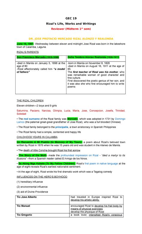 GEC 19 Reviewer - GEC 19 Rizal’s Life, Works and Writings Reviewer (Midterm 1st sem) DR. JOSE ...