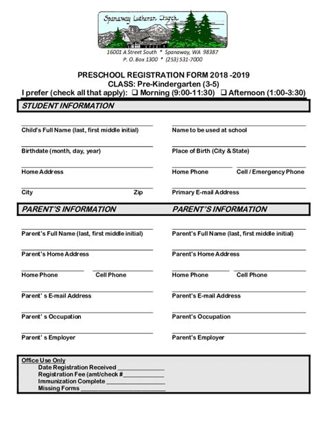 Fillable Online PRESCHOOL REGISTRATION FORM 2018 -2019 CLASS: Pre ...