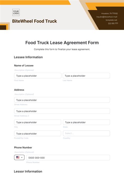 Free Food Truck Lease Agreement Form Template to Edit Online