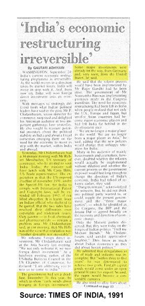 INDIA'S ECONOMIC RESTRUCTURING IRREVERSIBLE | SEPTEMBER 1991 | India ...