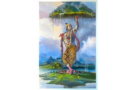 krishna lifting mount govardhan canvas painting