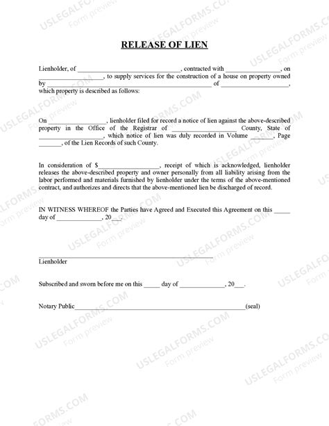 Release of Lien for Real Estate - Lien Real Estate | US Legal Forms