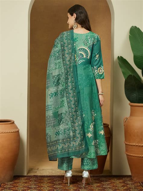 Janasya Women's Sage Green Cotton Blend Floral Printed Anarkali Kurta